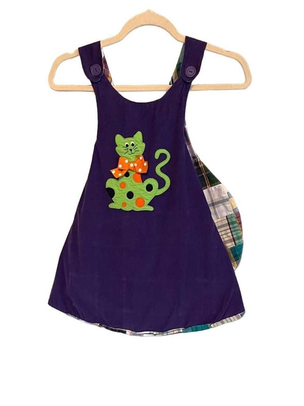 Handmade Reversible Pinafore Dress Pieced Patchwork Quilt Plaid Halloween Cat